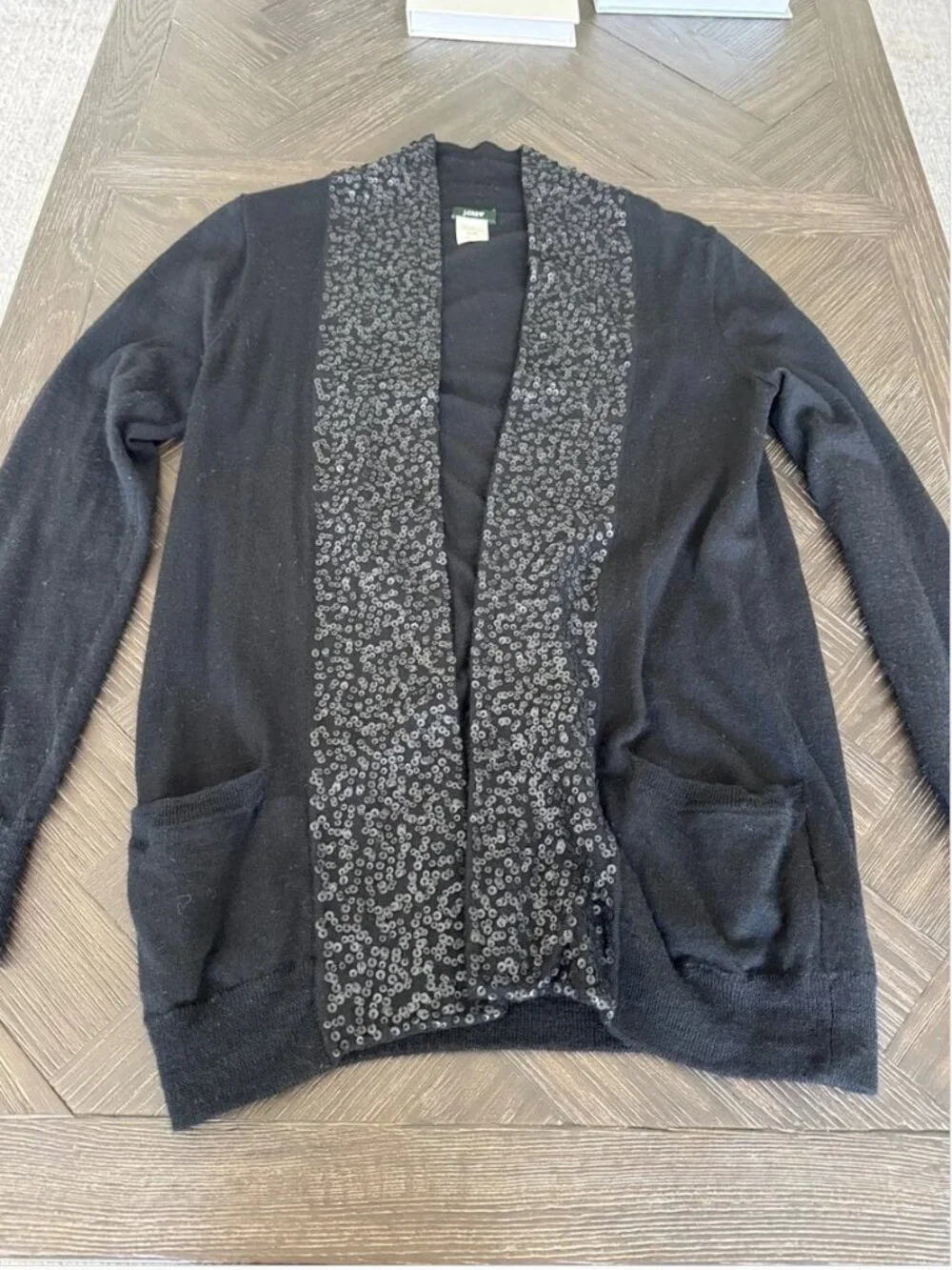 J.Crew Black Sequin Trim Cardigan Sweater Small | Open Front Knit | Quiet Luxury